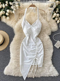 Summer Sexy Drawstring Bodycon Dress Women White Halter Mini Vestidos Ladies High Waist Sleeveless Club Party Robe Female