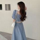 Sleeve Dresses Women Blue Original Design Lace Patchwork Empire Elegant Summer Classic Square Collar Temperament