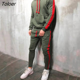Men 2 Pieces Sets 2019 Brand Autumn Winter Hooded Sweatshirt +Drawstring Pants Male Stripe Patchwork