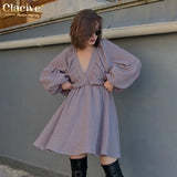 Sexy Deep V-neck Mini Dress Ladies Fashion Loose Long Sleeve Office Dress Streetwear Elegant White Dresses For