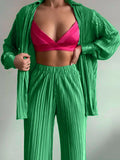 Women's Shirt Pleated Two Piece Set Loose High Waist Wide Leg Pants Suit 2022 Casual Elegant Office Ladies Female
