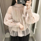 New Fashion autumn Women's Sweet Beads Bubble Sleeve Pearls Button Gauze Blouses Ladies Elegant Mesh Shirt Blusas