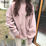 Korean Style Hoodies Female Winter False Two Pieces Turtleneck Women's Sweatshirt Loose Thick Fleece Pullovers M-XL