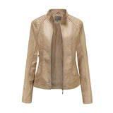 VAREY LIN New Spring Autumn Moto Biker Pu Coat Women Casual Stand Collar Zipper Faux Leather Jacket Lady Casual Slim