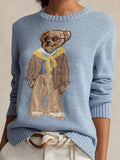 Women's Cartoon Bear Round Collar High-Necked Knitted Sweater In Autumn And Winter