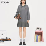 Women Sweater Dress 2022 Autumn Long Sleeves Hooded Dress Paneled Pleated Skirt Casual Preppy Style