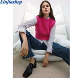 women pullover knitted sweater red solid crochet casual slim female sweaters chic o neck sleeveless vest