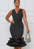 Sexy V-neck Sleeveless Solid Ruffles Layered Midi