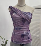 Yarn Printed Slanted Shoulder Sling Vest Retro Design Folding Temperament Short Blouse