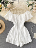 Slash Neck Women Jumpsuits 2022 New Sweet Ruffles Hollow Solid Rompers Summer Fashion Wide Leg Short