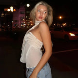 Satin Patchwork Mesh Bandage Crop Top-Outfit