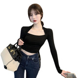 Toloer Square Collar Bottom Shirt Female Design Sense Niche 2023 Autumn Outfit With Long-Sleeved T-Shirt Slim Draw Rope Top
