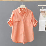 Short-Sleeved Solid-Colored Shirt Women 2025 Summer New Outer Shirt Design Sense Double Pocket Loose Thin Top