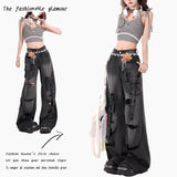 Multi-Pocket-Hole-Wear Jeans Women's Summer 2025 New High-Waist Design Wide-Legged