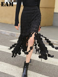 High Waist Black Hollow Out Tassels Midi Elegant Half-body Skirt Women Fashion Tide New Spring Autumn 2023
