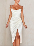 party Dress Women Midi Satin Dress Split Adjustable Strap Ruched Cowl Neck Asymmetrical Zipper Party Dress Elegant Sexy Woman