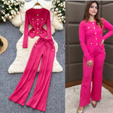 Small Fragrant Wind Metal Collar Collar Repair Long-Sleeved Knitted Shirt Women High-Waist Casual Pants Two