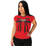 T Shirt Women Bow Tie Print Casual T-Shirt Short Sleeve Female Tshirts Tops O-Neck Blusas