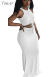 Orange Ruched Drawstring Sleeveless Tank Top and High Waist Mermaid Maxi Skirt for Women Elegant Body-shaped Two Pcs