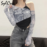 Mesh Asymmetrical Yamamoto sleeve T-Shirts Women Sexy Cute Slope Neck Ruffles Fashion Tide Autumn Crop