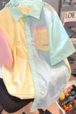 Short-sleeve Shirts for Women Patchwork Macarone Contrast Summer Blouse All-match Daily Chemise Femme Korean Chic