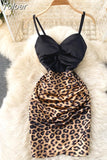 V-neck Spaghetti Strap Night Out Club Mini Dress Open Back Sleeveless Twist Front High Waist Leopard Print Party Dress