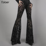 Black Sexy Lace Floral Flare Pants Women Gothic Club High Waist Skinny Fit Trousers Female Fashion Slim Fit Long Pants