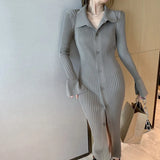 Autumer Winter Knit Casual Long Sleeve Button Elegant Chic POLO Collar Slim Sweater Dress for Women Vintage Korean