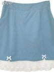 Kawaii Lolita Blue Mini Skirt Women Japanese Sweet Cute Ruffle Bow Patchwork Fairycore High Waist Short Skirt Soft