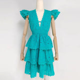 Summer Ruched Dress For Women V Neck Flying Sleeve High Waist Cut Out Solid Mini Dresses Female Clothes Fashion