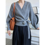 Women's V-neck Tie Waisted Loose Knitted Sweater Long Sleeve Sweater