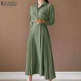 Pleated Fashion Elegant Work OL Party Casual Vestidos Shirtdress Vintage Dresses ZANZEA Women Spring Sleeved A-line Lapel