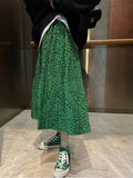 2022 Summer Print Pleated Skirt Women Fashion High Waist A-line Skirts Green Leopard Print Korean Streetwear Long