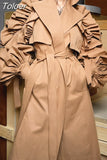 Frill Trim Windbreaker For Women Lapel Long Sleeve Solid Minimalsit Elegant Trench Coats Female Fashion Clothing New