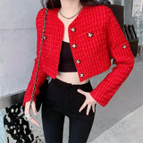 Red Tweed Jackets Women Cropped Tops 2022 Autumn Small Fragrant Fashion Single-Breasted Wool Blended Slim