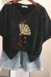 100% Cotton L-5XL Plus Size T Shirt Print Short Sleeve Women's Top Japanese Summer Sweet Couple V Neck Oversize T