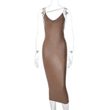 Cut V-Neck Bodycon Dress for Women Party Elegant Sexy Outfits Pu Leather Autumn Winter Sleeveless Maxi Dresses Fashion