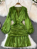 Women Sexy Draped Mini Dress Green/Red/Yellow Metal Color V-Neck Puff Long Sleeve High Waist Ruffle Hem Vestidos New