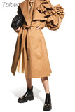 Frill Trim Windbreaker For Women Lapel Long Sleeve Solid Minimalsit Elegant Trench Coats Female Fashion Clothing New