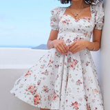 Graduation Party Gift Sexy Square Collar White Printing Mini Dress Woman Puff Sleeve High Waist Party Holiday A-Line Dress New