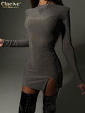 Elegant Gray Glitter Dresses For Women Bodycon O-Neck Long Sleeve Mini Dress Lady Fashion Slim Slit Party Dresses