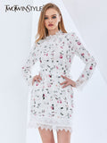 Print Lace Panel Slim Dress For Women Round Neck Long Sleeve High Waist Colorblock Dresses Female Fashion New