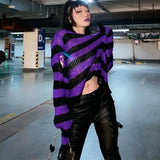 Gothic Short Sweater 2021 Summer Women Sexy Striped Cool Hole Broken Jumper Loose Alt Emo Dark Streetwear Y2k Top