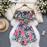 Slash Neck Floral Jumpsuits Shorts Casual Summer Women Overalls Ruffles Playsuits 2022 Sexy Ruffles Playsuit Off