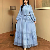 Retro Elegant Lace Splicing Strap To The Waist Lantern Sleeve Dress Female Thin Temperament Court Style