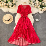 Black/White/Red Polka Dot Irregular Pleated Long Dress Women Vintage V-Neck Short Sleeve Ruffle Vestidos Spring Summer 2021