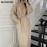 2020 Winter Turtleneck Buttons Women Knitted Mid-length Dress Elegant Lace-up Loose Female Sweater Dress Long