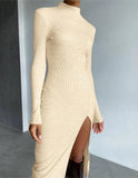 Basic High Neck Split Long Sleeve Midi