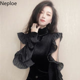 Sexy Hollow Out Blouse Women 2023 Korean Fashion Shirt Elegant Ruffles Velvet Blusas De Mujer Black Turtleneck