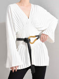 Fashion Women's Dress V-neck Long Sleeve Metal Buckle Belt Waist Knee-length Pleated White Dresses Female Spring 2023